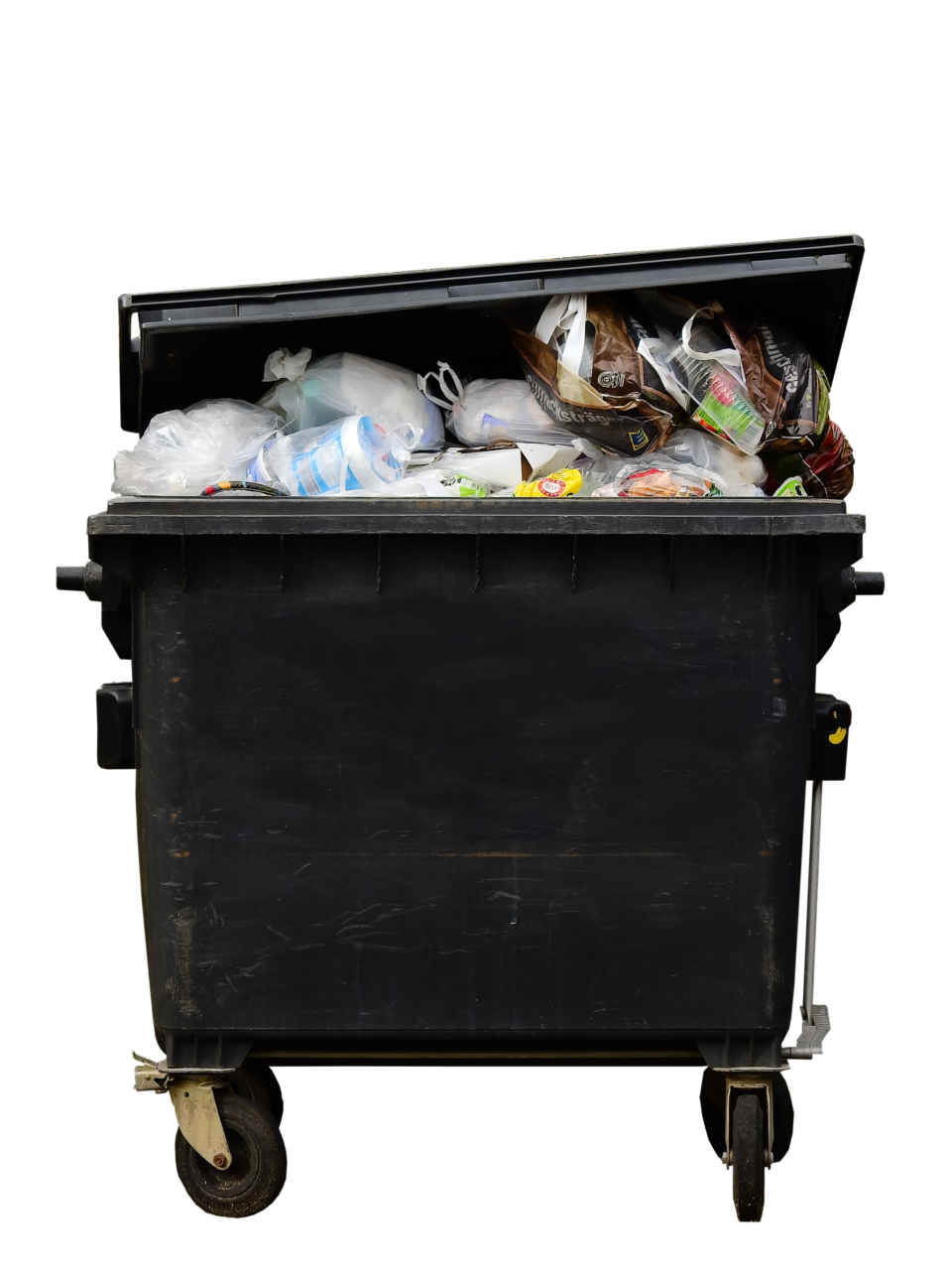 A partially opened dumpster with waste and garbage inside