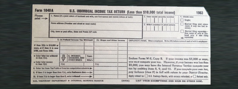 A 3 inch by 5 inch federal income tax form from 1963