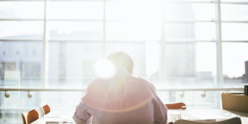 Senior Vice President working at conference room table as sunlight streams in